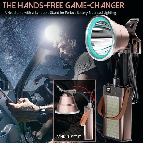Hunting Head lamp, Super Bright Rechargeable LED Headlamp with 4.5 inch Wide Lamp and Independent Multi-Function Battery Pack for Camping, Fishing, Emergency, Men in Kuwait