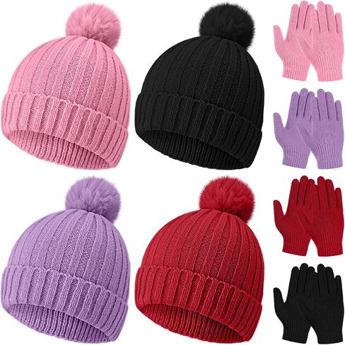 JaGely Kids Beanie and Glove Set Winter Warm Hat and Gloves Unisex Knit Hat with Pompom Full Fingers Ski for Boys Girls Gift in Saudi Arabia