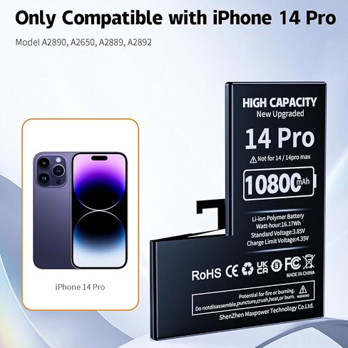 New Internal Battery with Professional Repair Tool Kit Compatible with iPhone 14 Pro 0 Cycle Li-Polymer Replacement Battery Model A2890, A2650, A2889, A2892 in Saudi Arabia