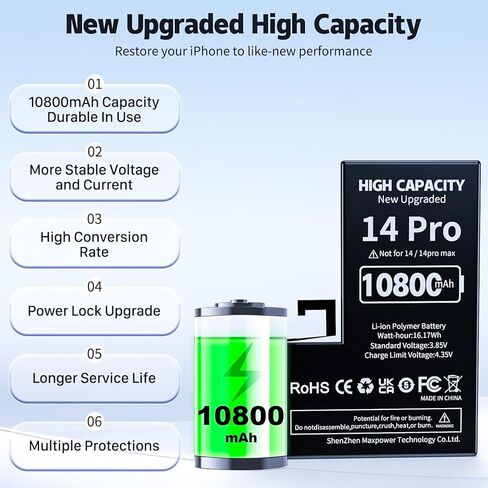 New Internal Battery with Professional Repair Tool Kit Compatible with iPhone 14 Pro 0 Cycle Li-Polymer Replacement Battery Model A2890, A2650, A2889, A2892 in Saudi Arabia