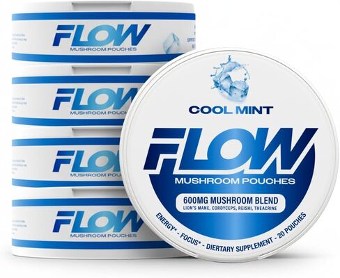 Flow Pouch Mushroom Nootropic Pouches - 200mg Organic Mushroom Energy Ultra Pouches with Lion's Mane, Reishi, Cordyceps for Focus & Clean Energy - Zero Caffeine or Sugar (5 Can Pack, Wintergreen) in Saudi Arabia