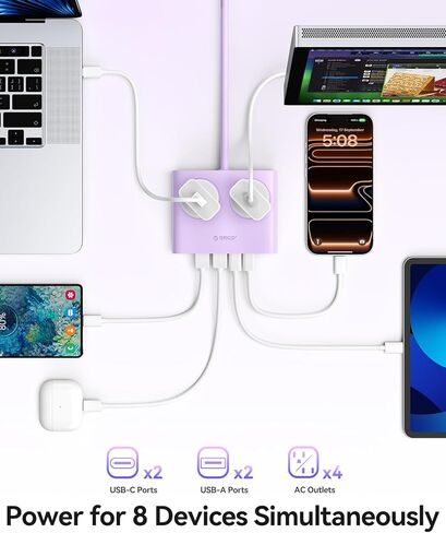 ORICO Power Brick، شريط طاقة 25 وات GaN، سلك تمديد 8 في 1 مع 4 منافذ تيار متردد ومنفذين USB-A ومنفذين USB-C، موسع منفذ بنفسجي مسطح بطول 5 أقدام للمنزل/النوم/السفر-PDC (قطعة واحدة) in Kuwait