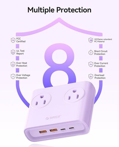 ORICO Power Brick، شريط طاقة 25 وات GaN، سلك تمديد 8 في 1 مع 4 منافذ تيار متردد ومنفذين USB-A ومنفذين USB-C، موسع منفذ بنفسجي مسطح بطول 5 أقدام للمنزل/النوم/السفر-PDC (قطعة واحدة) in Kuwait
