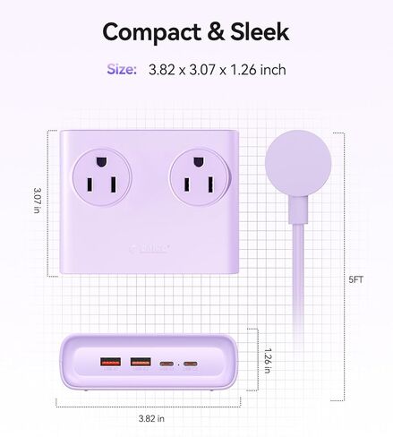 ORICO Power Brick، شريط طاقة 25 وات GaN، سلك تمديد 8 في 1 مع 4 منافذ تيار متردد ومنفذين USB-A ومنفذين USB-C، موسع منفذ بنفسجي مسطح بطول 5 أقدام للمنزل/النوم/السفر-PDC (قطعة واحدة) in Kuwait