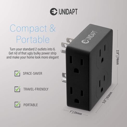 Multi Plug Outlet Splitter, Unidapt Multiple Outlets Extender Adapter with 6 AC Sockets, Side Splitter Box, Wall Power Plug Expander for Home Hotel Office Dorm Essentials, 2-Pack (Black) in Kuwait
