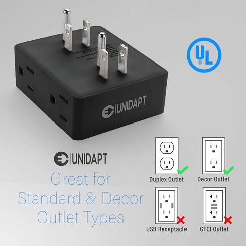 Multi Plug Outlet Splitter, Unidapt Multiple Outlets Extender Adapter with 6 AC Sockets, Side Splitter Box, Wall Power Plug Expander for Home Hotel Office Dorm Essentials, 2-Pack (Black) in Kuwait