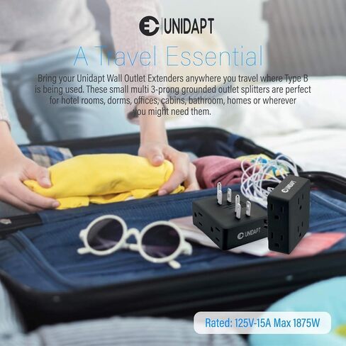 Multi Plug Outlet Splitter, Unidapt Multiple Outlets Extender Adapter with 6 AC Sockets, Side Splitter Box, Wall Power Plug Expander for Home Hotel Office Dorm Essentials, 2-Pack (Black) in Kuwait