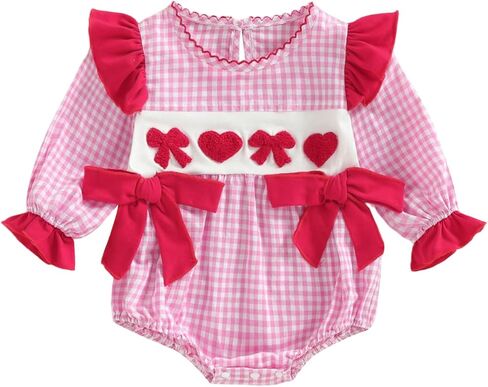 KMBANGI Infant Newborn Baby Girl Heart Smocked Romper Ruffle Sleeves Bow Onesie Shirt Cute Valentine's Day Clothes Spring in Saudi Arabia