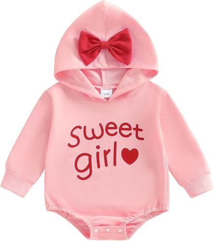Infant Baby Girl Valentines Day Outfit Sweet Girl Bow Hooded Sweatshirt Onesie Bubble Romper in Saudi Arabia