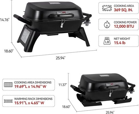GT2007 Portable Tabletop Gas Grill, 12,000 BTU Output for Outdoor Camping, Foldable Legs, Piezo Ignition, Built-in Thermometer, for Tailgates and Camping Trips, Black in Saudi Arabia