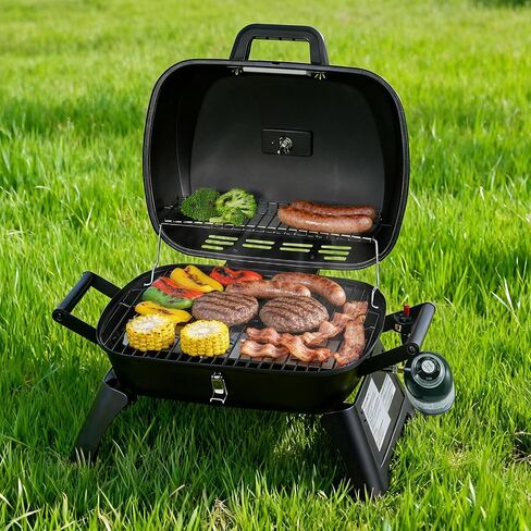 GT2007 Portable Tabletop Gas Grill, 12,000 BTU Output for Outdoor Camping, Foldable Legs, Piezo Ignition, Built-in Thermometer, for Tailgates and Camping Trips, Black in Saudi Arabia