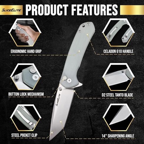 SliceElite Ghost EDC Knife 3.4 Inch D2 Steel Tanto Blade Translucent Green G10 Handle Button Lock Stainless Steel Pocket Clip Lightweight Compact Everyday Carry Knife in Saudi Arabia