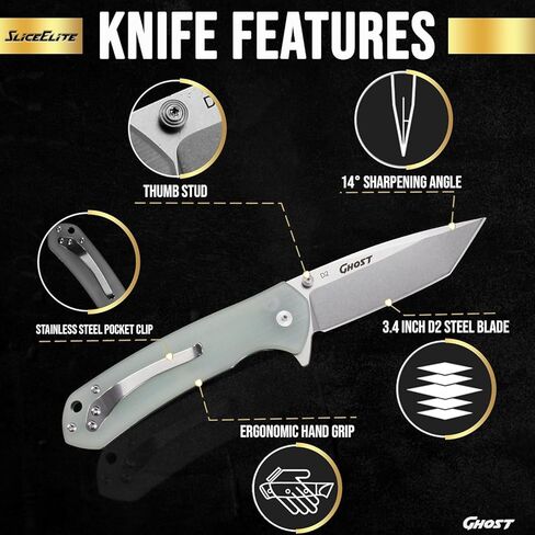 SliceElite Ghost EDC Knife 3.4 Inch D2 Steel Tanto Blade Translucent Green G10 Handle Button Lock Stainless Steel Pocket Clip Lightweight Compact Everyday Carry Knife in Saudi Arabia