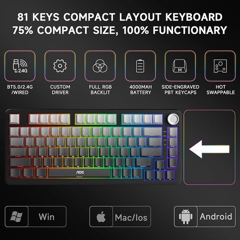 AOC GK330 Gaming Keyboard, Hot Swappable Wireless Mechanical Keyboard Support BT/2.4GHz/USB-C, RGB Backlit, Anti-ghosting, 75% Gasket Custom Keyboard with Five-Layer Padding & Knob for PC Gamer in Kuwait