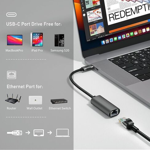 محول USB C إلى إيثرنت، محول RJ45 إلى USB C مجاني [متوافق مع Thunderbolt 3/4]، محول شبكة جيجابت إيثرنت LAN بسرعة 1 جيجابت في الثانية لجهاز MacBook Pro/Air، iPhone 15 Pro/Max، Dell XPS، Galaxy S8-S24 in Saudi Arabia