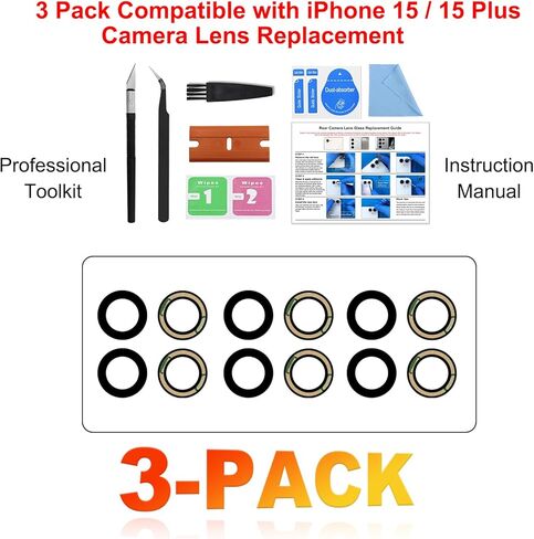 3-Pack Rear Camera Lens Glass Replacement Kit Compatible with iPhone 15 & 15 Plus, with Pre-installed Tape + Repair Tools + Instruction Manual in Saudi Arabia