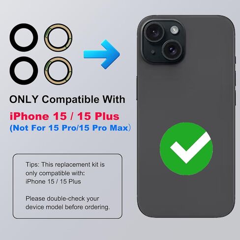 3-Pack Rear Camera Lens Glass Replacement Kit Compatible with iPhone 15 & 15 Plus, with Pre-installed Tape + Repair Tools + Instruction Manual in Saudi Arabia