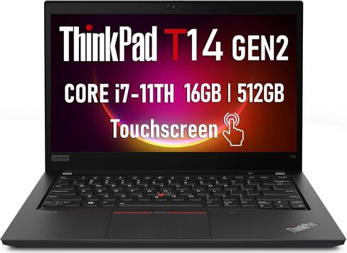 Lenovo ThinkPad T14 Gen 2 Business Touchscreen Laptop i7، 14 بوصة Full HD (1920 x 1080) PC، الجيل الحادي عشر رباعي النواة i7-1185G7 حتى 4.8 جيجا هرتز، 16 جيجا بايت DDR4 RAM، 512 جيجا SSD، لوحة مفاتيح بإضاءة خلفية، Windows 11 Pro (متجدد) in Kuwait