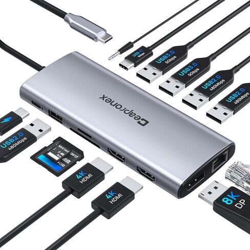 محطة إرساء USB C 14 في 1 مع 2 HDMI 4K + DP 8K 3 شاشات عرض ثلاثية لأجهزة الكمبيوتر المحمول،/MacBook Pro/Air/HP/DELL/Lenovo، قاعدة توصيل USB C Hub مع USB 3.0، RJ45,100W PD، SD/TF، ​​صوت/ميكروفون in Kuwait