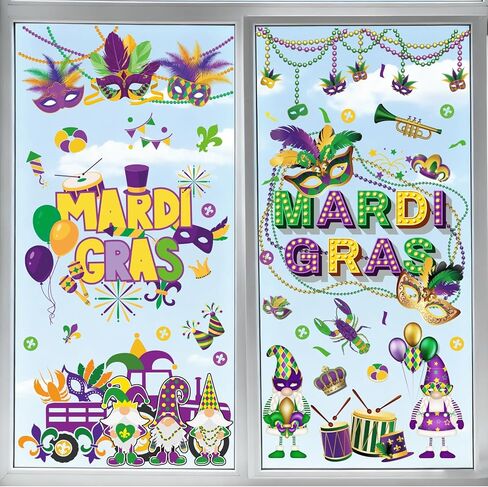9 Sheet Mardi Gras Window Clings 100+ Gnome Fat Tuesday Carnival Masquerade Party Decoration Double Sided Reusable Window Decals for Removable Parade Home Office Classroom Wall Glass Car Decor in Kuwait