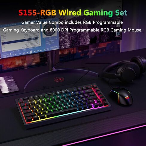 مجموعة لوحة مفاتيح وماوس سلكية للألعاب من Redragon، بإضاءة خلفية RGB، ولوحة مفاتيح بغشاء ماكرو صغير بنسبة 75% مع مفاتيح مضادة للظلال والوسائط المتعددة + ماوس ضوئي قابل للبرمجة بدقة 8000 نقطة في البوصة لأجهزة الكمبيوتر المحمول in Kuwait