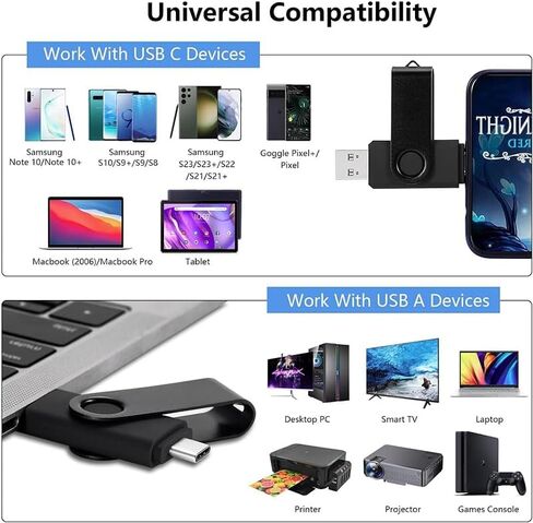 محرك أقراص فلاش USB C سعة 32 جيجابايت، محرك إبهام مزدوج دوار، نوع C + منفذ USB A، شريحة ذاكرة محمولة لهاتف iPhone 16/15، Mac، هواتف Android، الأجهزة اللوحية، أجهزة الكمبيوتر المحمولة، Mac، Windows، أسود in Kuwait
