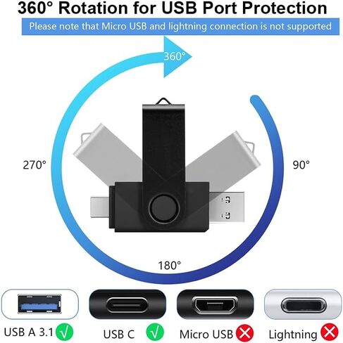 محرك أقراص فلاش USB C سعة 32 جيجابايت، محرك إبهام مزدوج دوار، نوع C + منفذ USB A، شريحة ذاكرة محمولة لهاتف iPhone 16/15، Mac، هواتف Android، الأجهزة اللوحية، أجهزة الكمبيوتر المحمولة، Mac، Windows، أسود in Kuwait