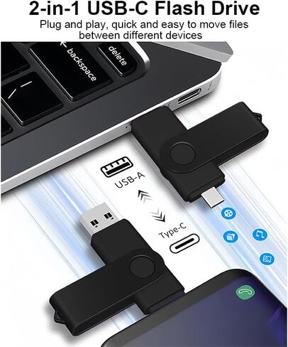 محرك أقراص فلاش USB C سعة 32 جيجابايت، محرك إبهام مزدوج دوار، نوع C + منفذ USB A، شريحة ذاكرة محمولة لهاتف iPhone 16/15، Mac، هواتف Android، الأجهزة اللوحية، أجهزة الكمبيوتر المحمولة، Mac، Windows، أسود in Kuwait