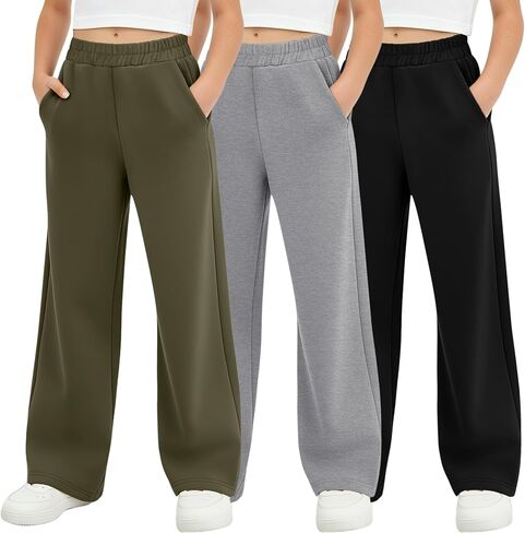 3 Pack Girls' Sweatpants Kids Straight Leg Casual Baggy Joggers Teen Loose Athletic Elastic Waist Pants with Pocket in Saudi Arabia