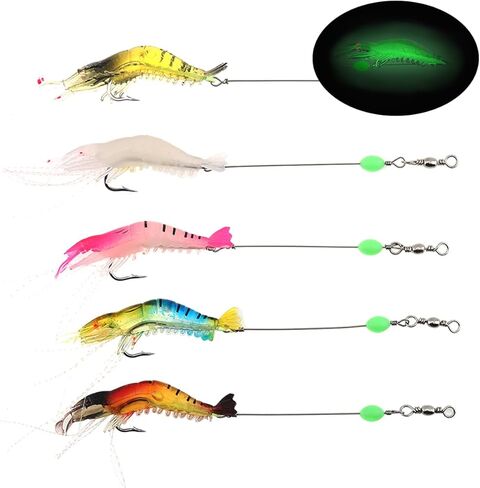 5pcs Soft Luminous Shrimp Lure Set, 5 Colors Shrimp Lures Fishing Bait with Hooks Beads for Bass Trout Catfish Salmon Freshwater Saltwater in Saudi Arabia