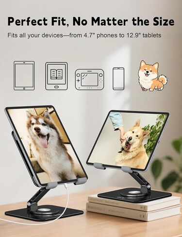 Adjustable Tablet Stand for iPad - 360° Rotating Aluminum Desk Holder, Foldable Stable Stand for iPad Pro 12.9/11,Home Office & Travel,Great Gift for Mom & Teens, Black in Saudi Arabia