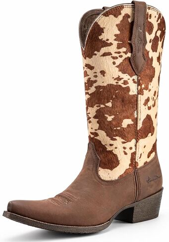 Montana West Cowboy Boots for Women, Genuine Leather Western Mid-Calf Boots, Embroidered Pointed Toe Boot with Cow Print Shaft for Country Concerts, Ranch & Outdoor Activities in Saudi Arabia