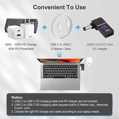 USB C to DC 5.5 x 2.1mm Power Charging Adapter Type C Female to DC 5521 Adapter with Digital Display 100W, for Tablet, PC, IP Camera, Bluetooth Speaker, Webcam Routers in Kuwait