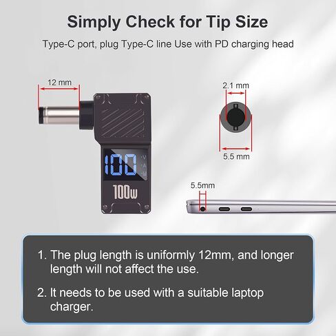 USB C to DC 5.5 x 2.1mm Power Charging Adapter Type C Female to DC 5521 Adapter with Digital Display 100W, for Tablet, PC, IP Camera, Bluetooth Speaker, Webcam Routers in Kuwait