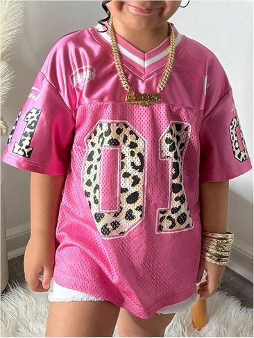 SweatyRocks Girl's Jersey Shirts Leopard Number Graphic Tees V Neck Short Sleeve Oversized T Shirts in Saudi Arabia