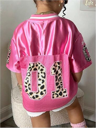 SweatyRocks Girl's Jersey Shirts Leopard Number Graphic Tees V Neck Short Sleeve Oversized T Shirts in Saudi Arabia