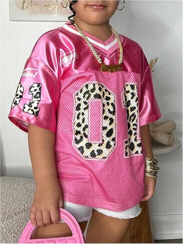 SweatyRocks Girl's Jersey Shirts Leopard Number Graphic Tees V Neck Short Sleeve Oversized T Shirts in Saudi Arabia