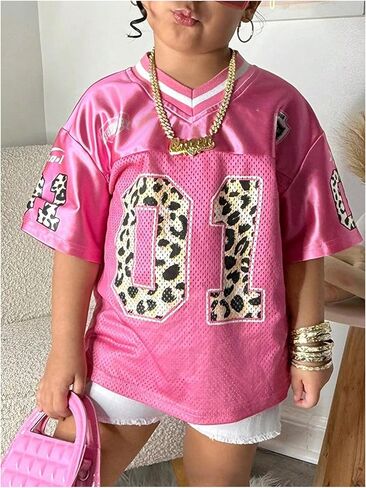 SweatyRocks Girl's Jersey Shirts Leopard Number Graphic Tees V Neck Short Sleeve Oversized T Shirts in Saudi Arabia