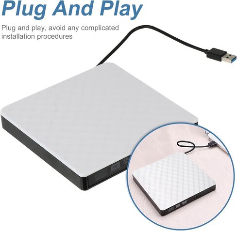 محرك أقراص DVD محمول USB 3.0 ناسخ أقراص DVD خارجي مع ناسخ أقراص مضغوطة لأجهزة الكمبيوتر المحمول وأجهزة الكمبيوتر المكتبية، جهاز إعادة كتابة الأقراص الضوئية باللون الأبيض مناسب للسفر والاستخدام المنزلي in Kuwait