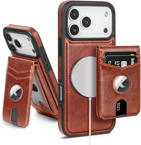 متوافق مع محفظة MagSafe iPhone 17 Pro Max مع حامل AirTag، 2 في 1 من جلد البولي يوريثان المغناطيسي القابل للفصل وحجب RFID وحامل بطاقات الائتمان وغطاء قلاب للرجال والنساء، بني in Saudi Arabia