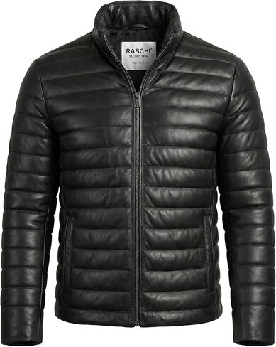 Men’s Puffer Lambskin Leather Jacket – Distressed Brown Quilted Bomber Coat, Slim Fit with Stand Collar & Side Pockets in Saudi Arabia