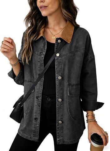 Yeokou Women Oversize Denim Shacket Jacket Retro Contrast Collar Casual Button Down Jean Coat Fall Outfit with Pockets in Saudi Arabia