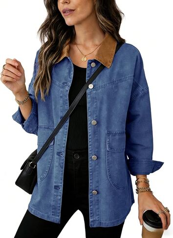 Yeokou Women Oversize Denim Shacket Jacket Retro Contrast Collar Casual Button Down Jean Coat Fall Outfit with Pockets in Kuwait