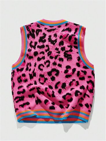 Men's Striped Cheetah Print Sweater Vest Pullover V Neck Knit Tank Tops Streetwear Fall Outfits in Saudi Arabia