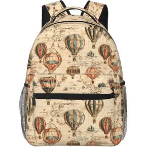 Vintage Hot Air Balloon Casual Backpack, Lightweight Laptop Bag Daypack, World Map Backpacks for Women Men Teens Students, Travel Polyester Bookbag Gifts for School Work Travel Hiking in Kuwait