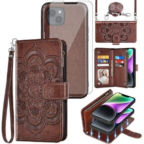 Asuwish Phone Case for iPhone 14 6.1 inch Zipper Wallet Detachable Cell Cover with Tempered Glass Screen Protector Crossbody Strap Flower Card Holder Slot iPhone14 5G i i-Phone i14 14Case Women Purple in Kuwait