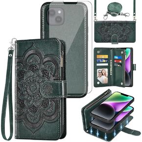 حافظة هاتف Asuwish لهاتف iPhone 14 مقاس 6.1 بوصة مزودة بسحاب وغطاء خلوي قابل للفصل مع واقي شاشة من الزجاج المقسى وحزام كروس وفتحة حامل بطاقات على شكل زهرة iPhone14 5G i-Phone i14 14Case نسائي أرجواني in Kuwait