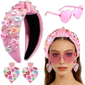 Valentines Day Headband for Women - 3PCS XOXO Heart Headbands Glasses and Earrings, Valentine’s Day Hairpiece Crystal Rhinestone Knotted Headband Hair Accessories for Women Valentines Party Supplies in Saudi Arabia