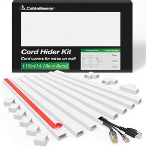 طقم إخفاء سلك CableGeeker، أغطية سلك 113 بوصة للأسلاك على الحائط، مسار كابل ذاتي اللصق قابل للطلاء، أغطية أسلاك للتلفزيون المثبت على الحائط وإدارة كابلات المكتب المنزلي، عرض 0.95 بوصة ارتفاع 0.55 بوصة، أبيض in Kuwait