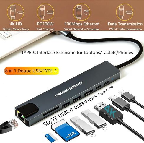 قاعدة توصيل 8 في 1 مع 4K HDMI، 100M BPS RJ45 Ethernet، قارئ بطاقة SD/TF، ​​USB 3.0/2.0، PD 100W، محول USB C Hub Ethernet HDMI لأجهزة MacBook، Huawei، Chromebook، Samsung، HP، Dell والمزيد in Saudi Arabia